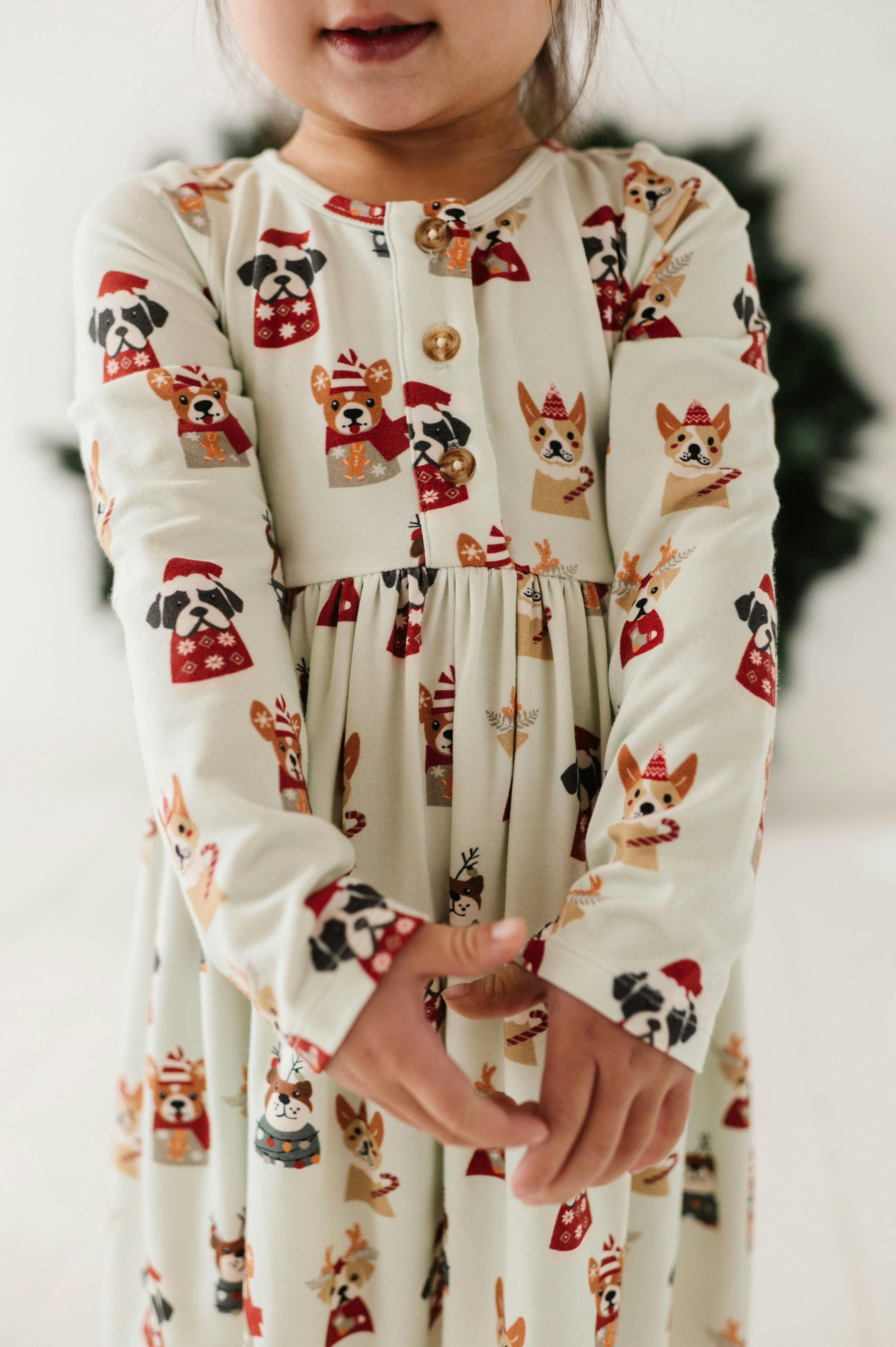 Girls Long Sleeve Henley Dress in Christmas Dogs