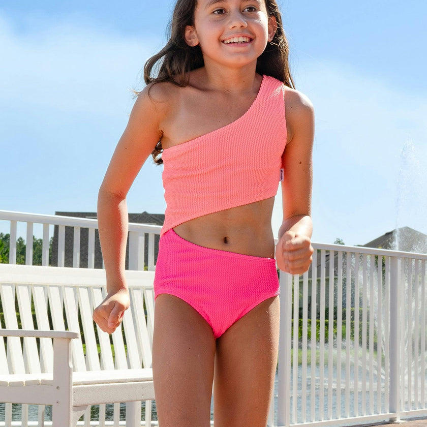 Cutout Crinkle One Piece Swimsuit - Coral Fuchsia