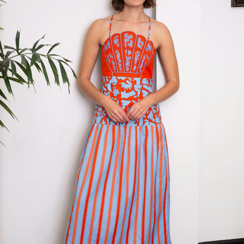 PRE ORDER- Hunter Coral Vine Stripe Midi Dress