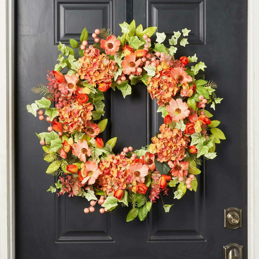 Real Touch Spring Ivy with Salmon Hydrangea Wreath, Orange