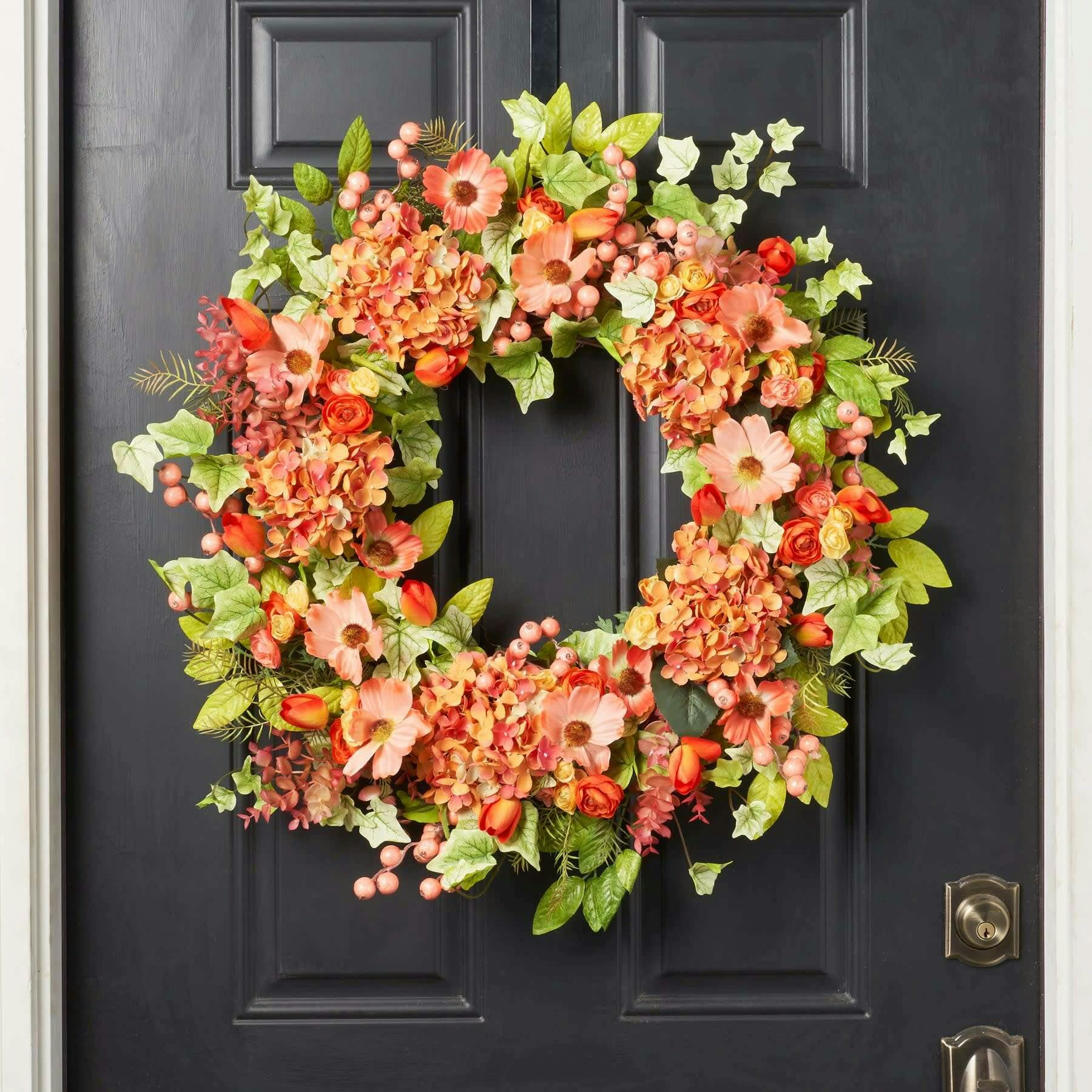 Real Touch Spring Ivy with Salmon Hydrangea Wreath, Orange