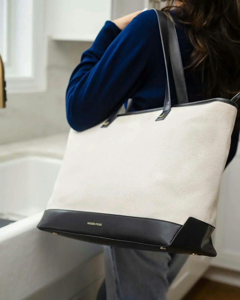 Vegan Leather Work Tote Bag with Removable Insulated Pouch, Black Canvas