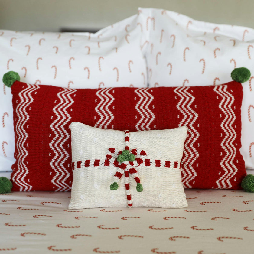 Zig Zag Lumbar Pillow with Pom Poms