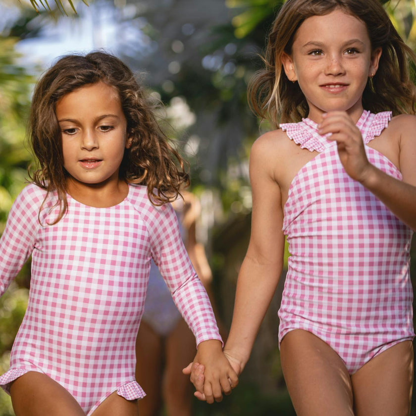 girls blush gingham v-neck crossover one piece