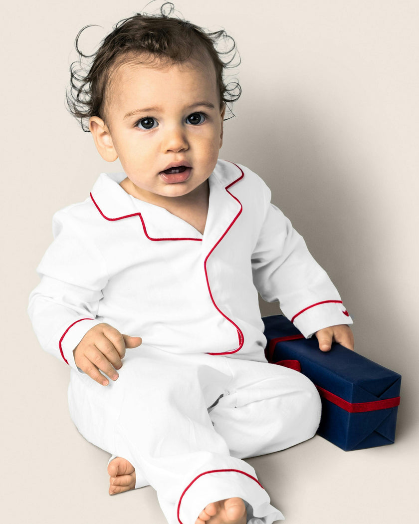 Baby's Classic Twill Romper in White with Red Piping