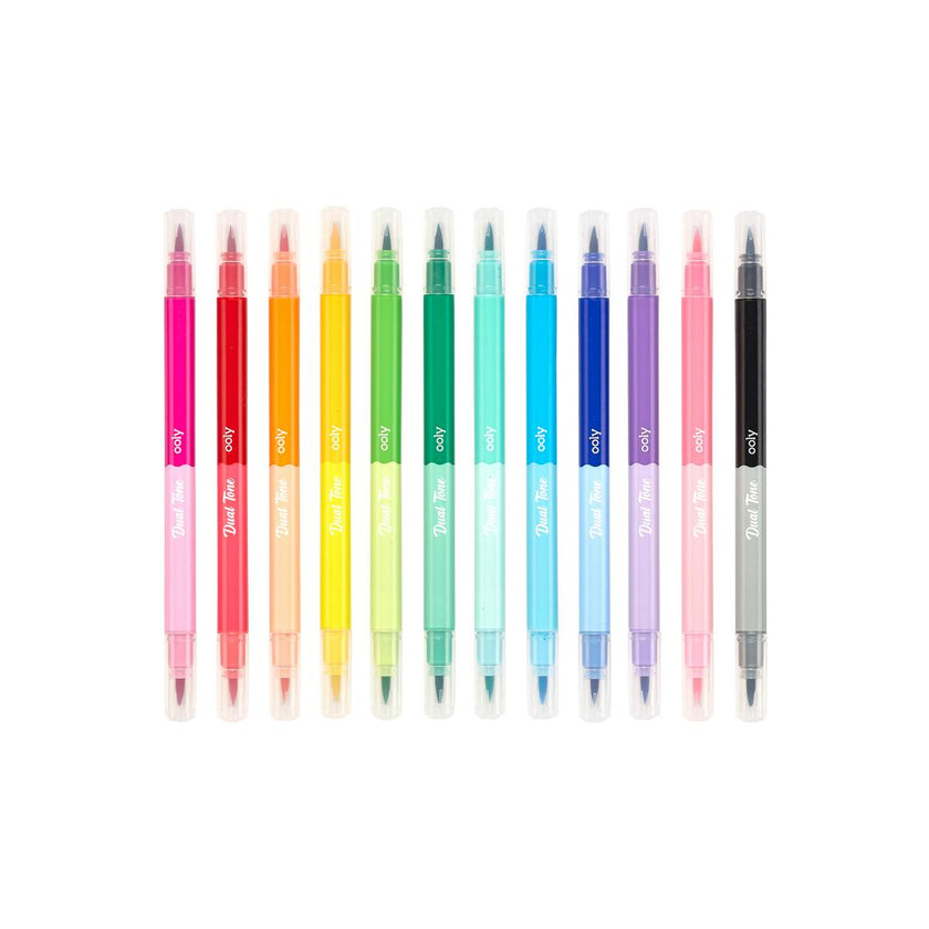 Dual Tone Double Ended Brush Marker - 24 Colors - Set of 12