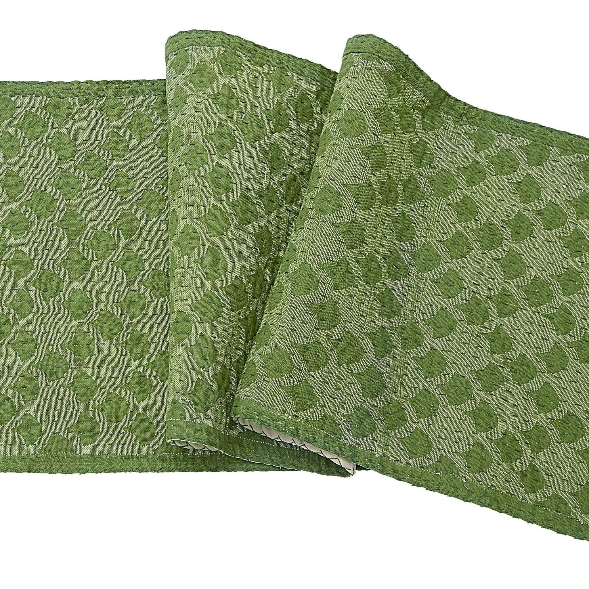 Artisan Hand Loomed Cotton Table Runner - Green Ginkgo - 18