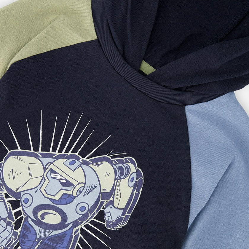 Raglan Hooded T-Shirt Dark Blue and Green