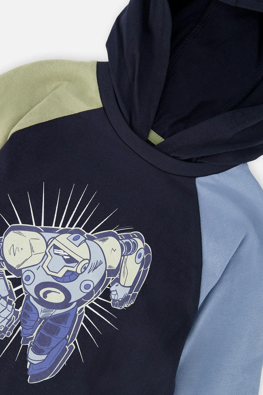 Raglan Hooded T-Shirt Dark Blue and Green