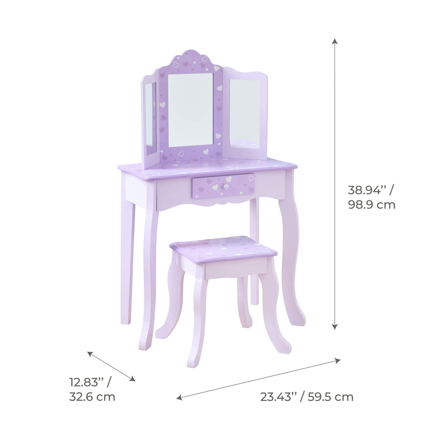 Hearts Gisele Wood Vanity with Tri-Fold Mirror & Drawer, Purple