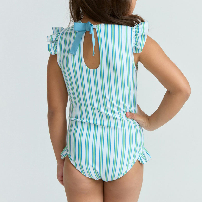 girls tamarin stripe ruffle cap sleeve one piece