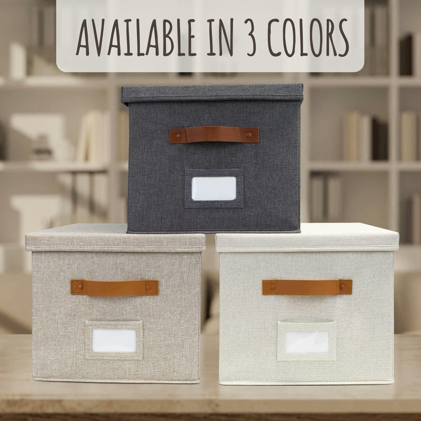 ZICOTO Decorative Ivory File Box Organizer Set of 2 - Collapsible Linen File Cabinet for Easy Folder Storage - Store All Your Documents and Folders in Style