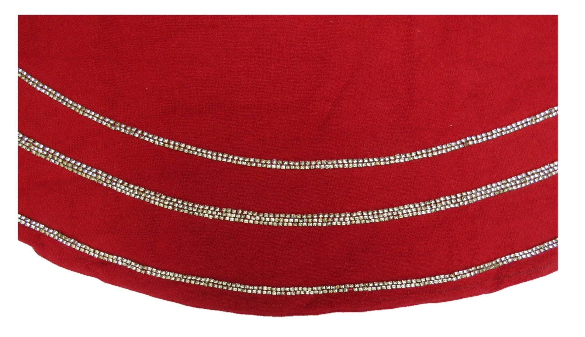 Handmade Concentric Nailhead Circles Red Linen Christmas Tree Skirt 60