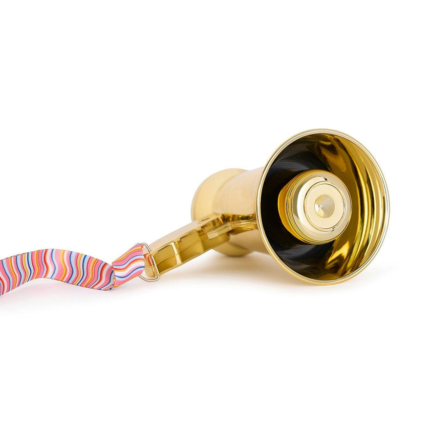 Packed Party Party Starter Gold Mini Megaphone - Shiny Gold with Pink Red Rickrack Strap, Battery Operated Party Megaphone for Bachelorettes and Birthdays