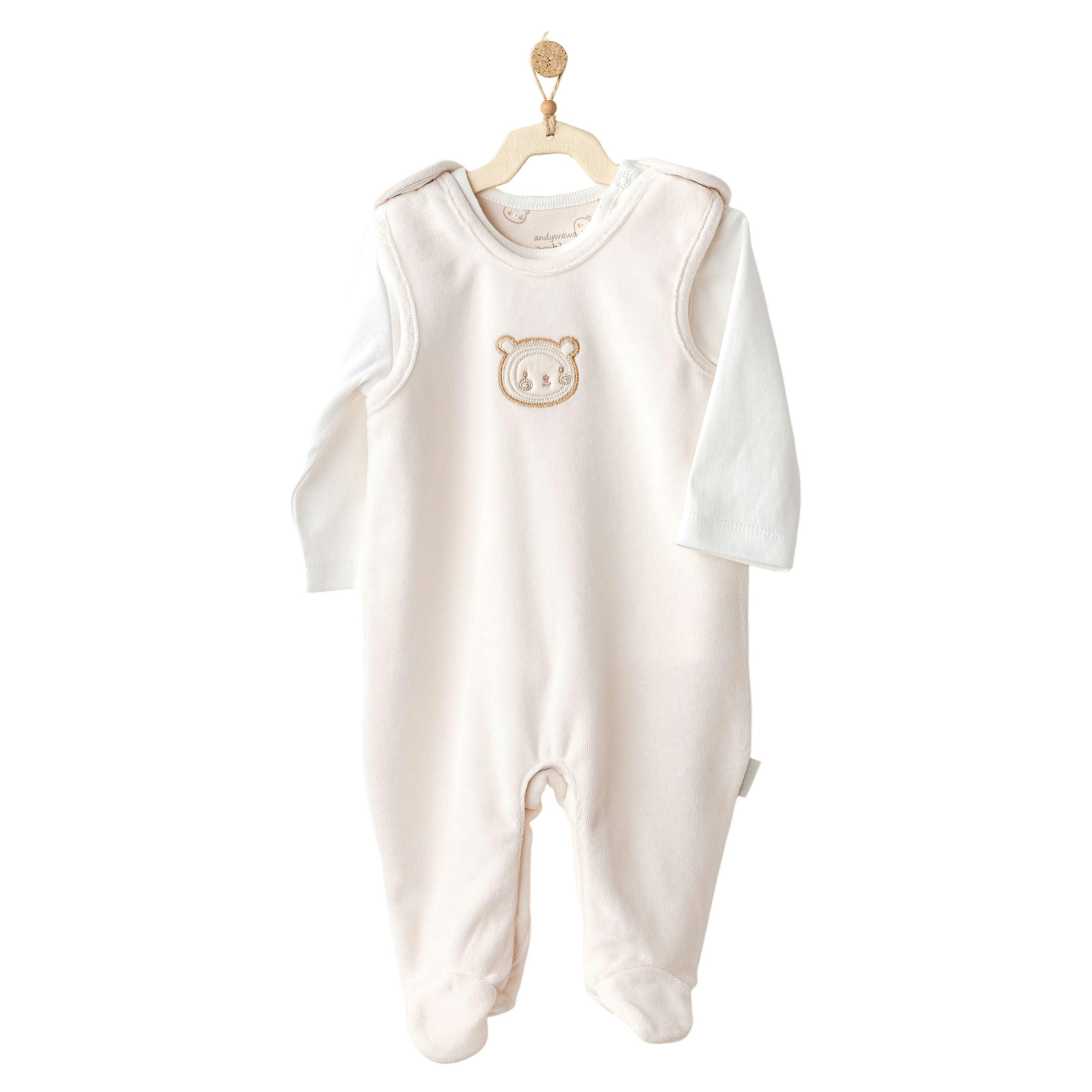 Cream Bear Graphic Overall Babygrow