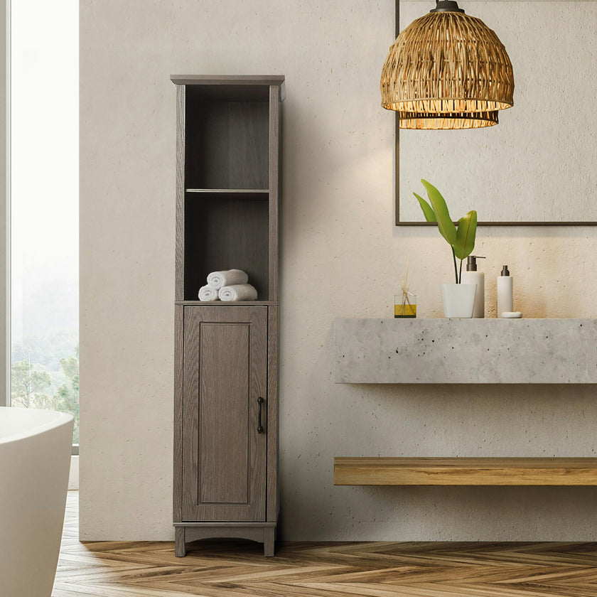 Russell Modern Farmhouse Linen Tower Storage Cabinet with Open Shelves for Bathrooms or Hallways