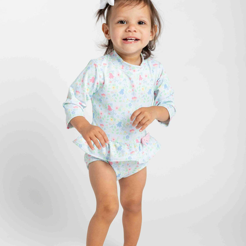 Floral Print One Piece Rashguard with Bow