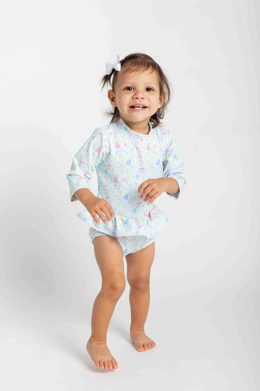 Floral Print One Piece Rashguard with Bow