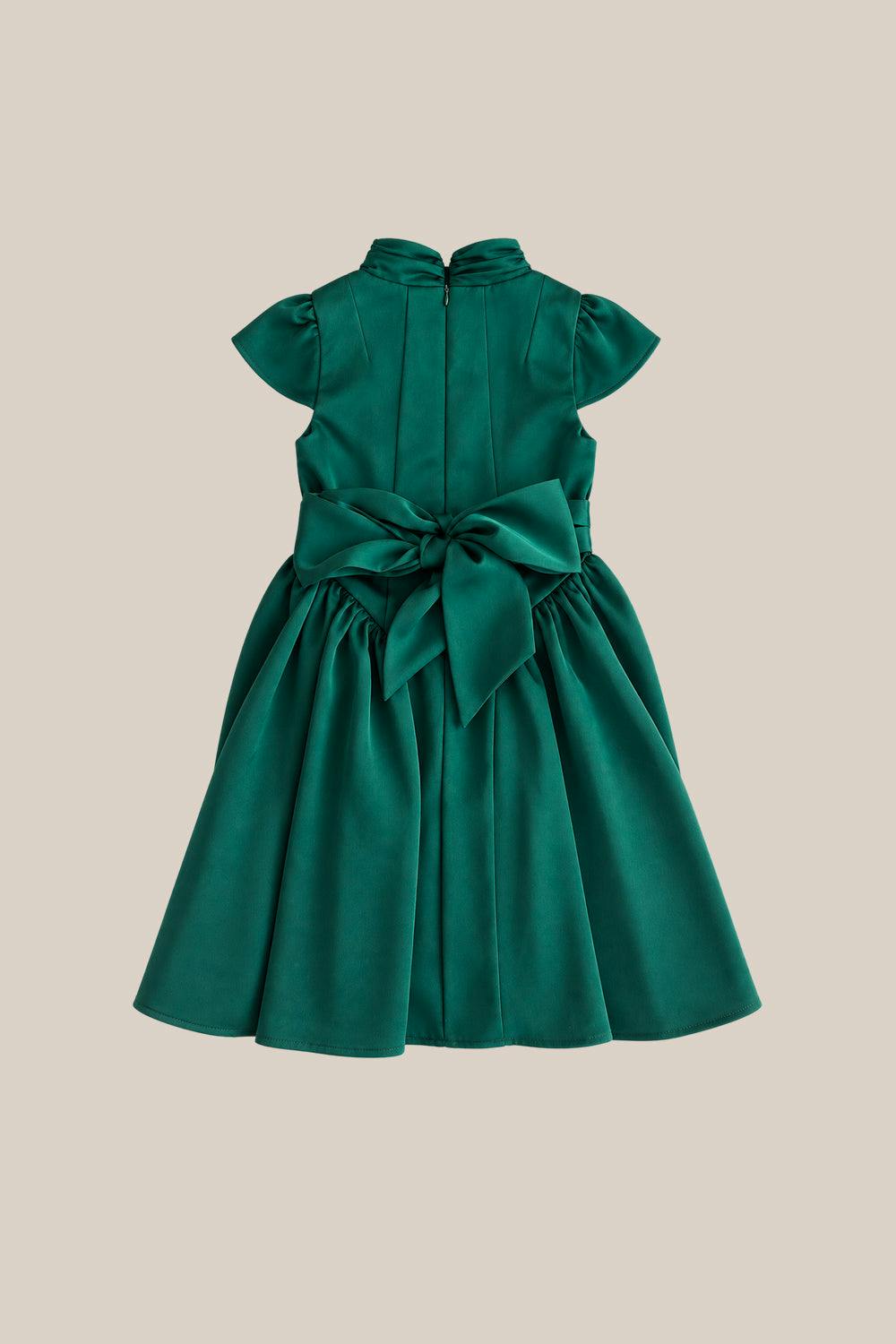 Mini Harriet Bow Dress in Emerald Satin
