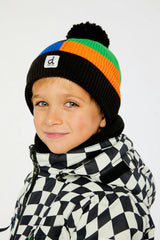 Winter Knit Hat with Pompom Black, Blue, Green and Orange Tiles