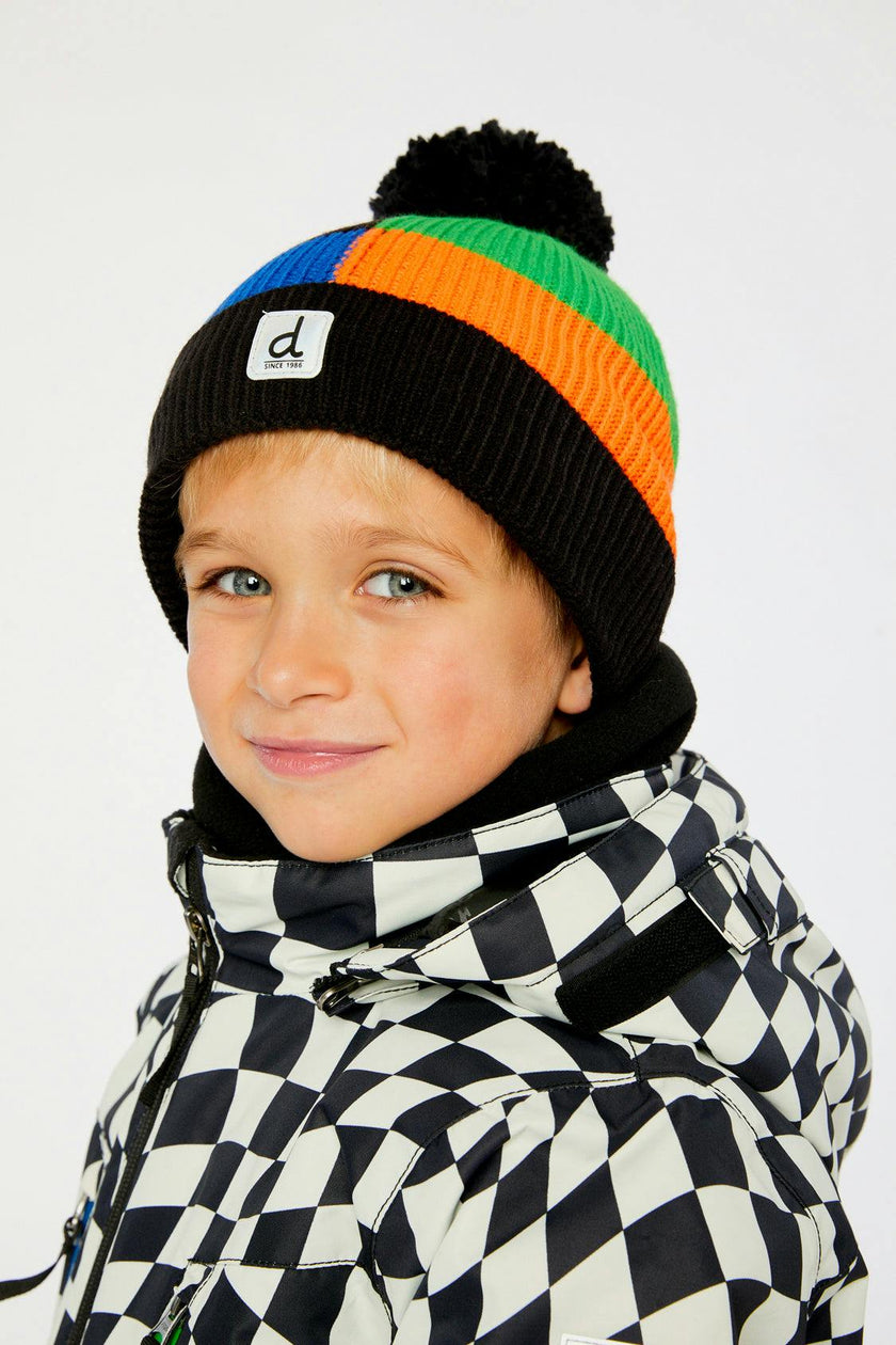 Winter Knit Hat with Pompom Black, Blue, Green and Orange Tiles