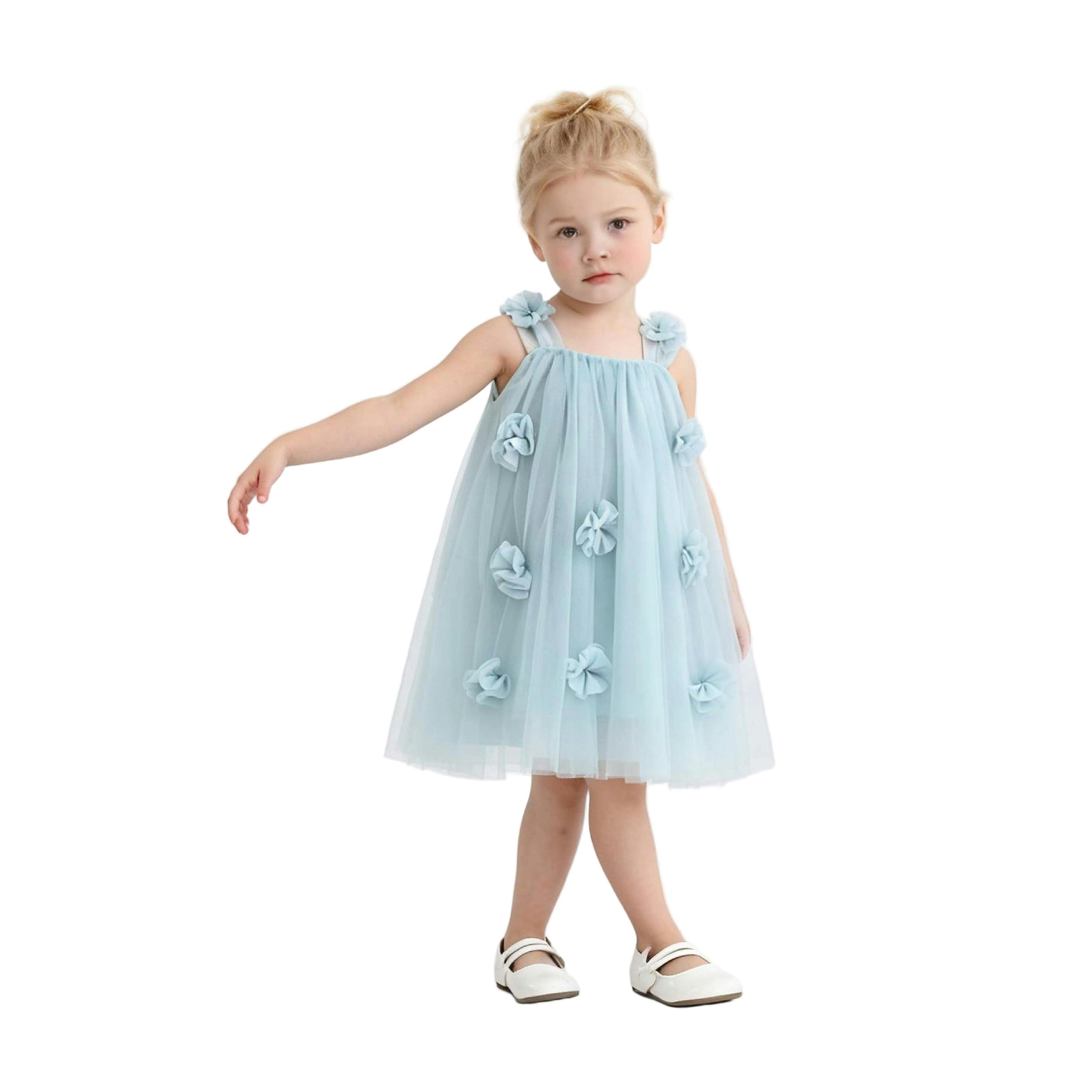 Blue Flower-Embellished Tulle Dress