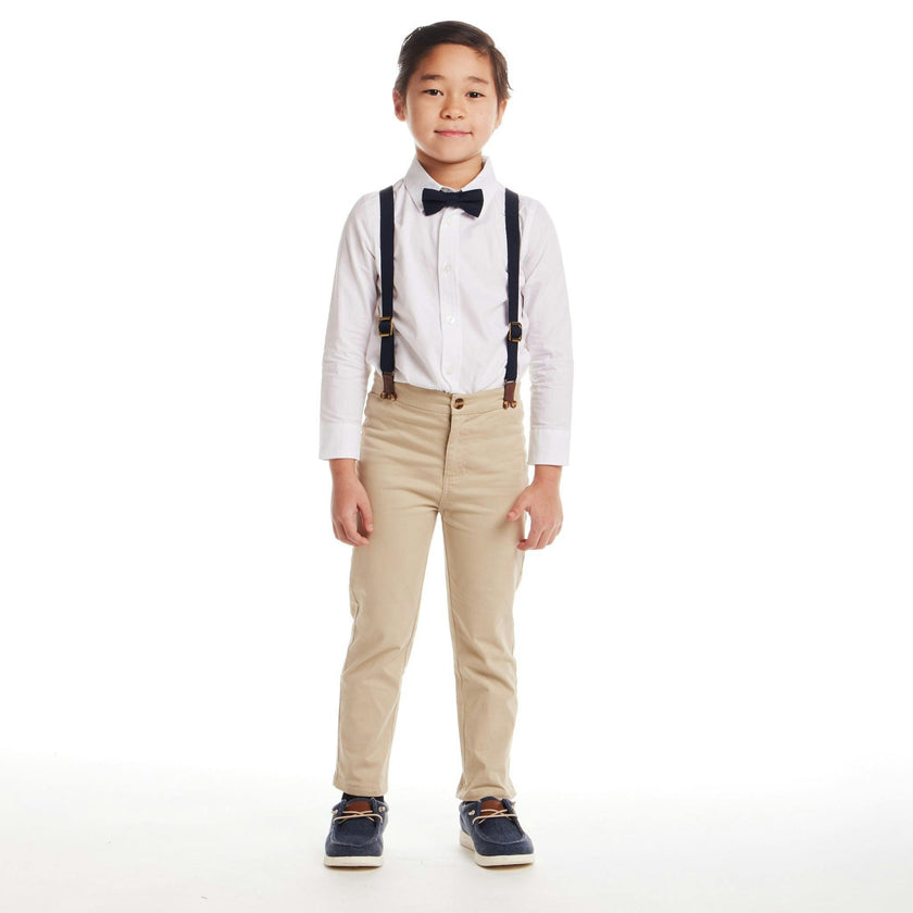 Kids White Buttondown Bowtie and Suspenders Set