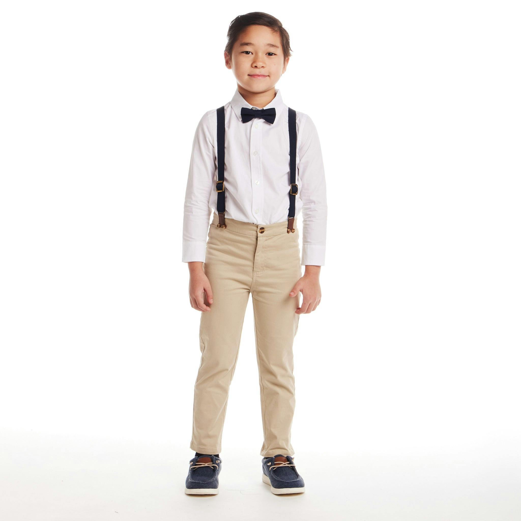 Kids White Buttondown Bowtie and Suspenders Set