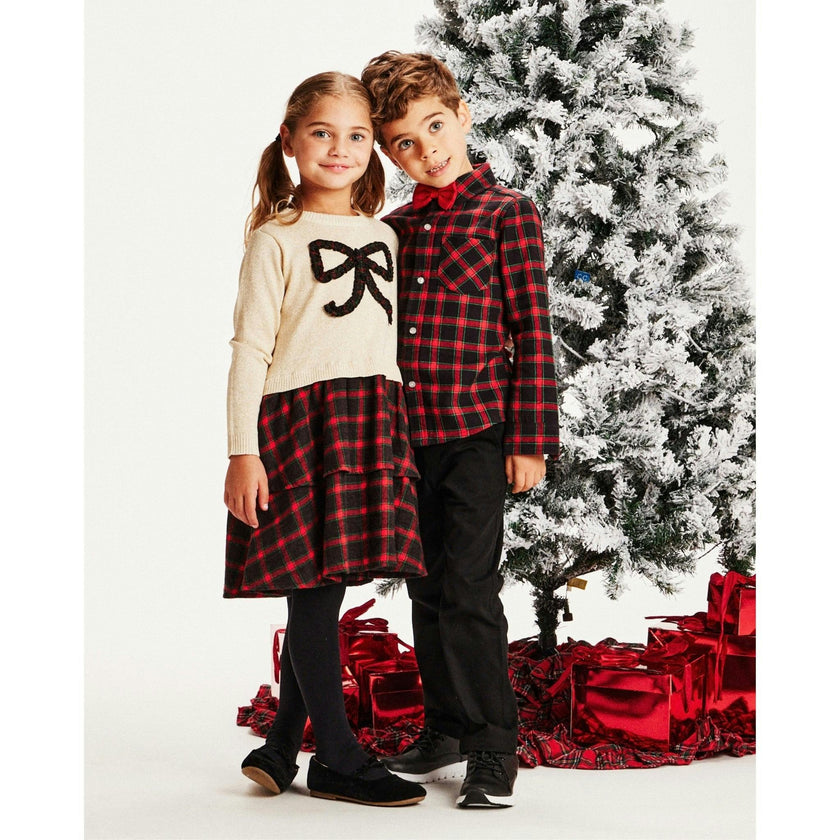 Girls Holiday Sweater Dress | Plaid Bow