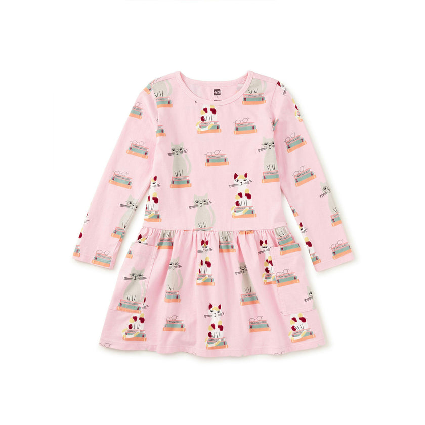 Long Sleeve Pocket Dress, Bookshop Cat