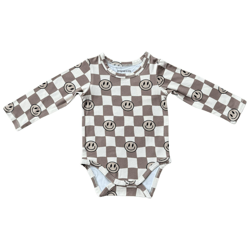 Baby Boy Long Sleeve Bodysuit in Smiley Check in Portabella