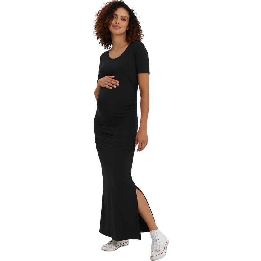 Women's Maternity Hugo Short Sleeve Side Slit Maxi Dress, Black