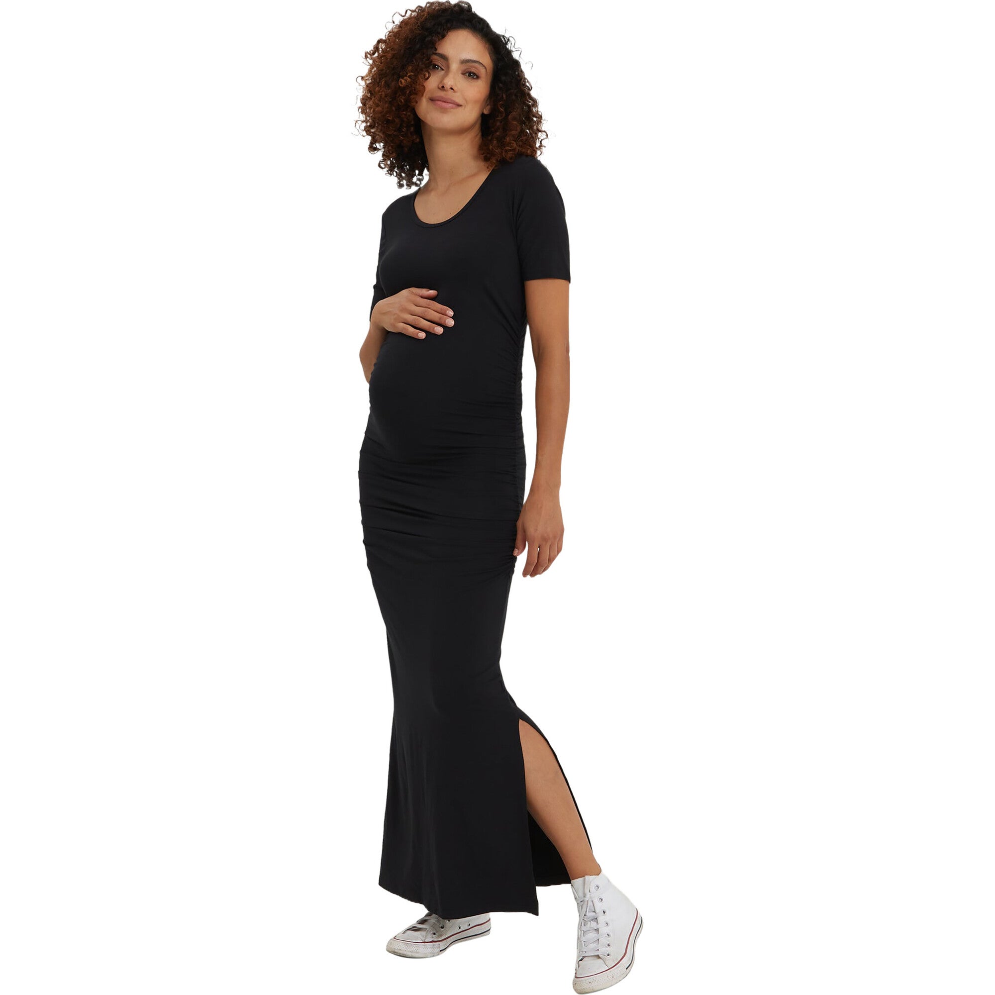 Women's Maternity Hugo Short Sleeve Side Slit Maxi Dress, Black