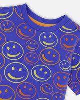 Organic Cotton Jersey T-Shirt Blue Smiley Print