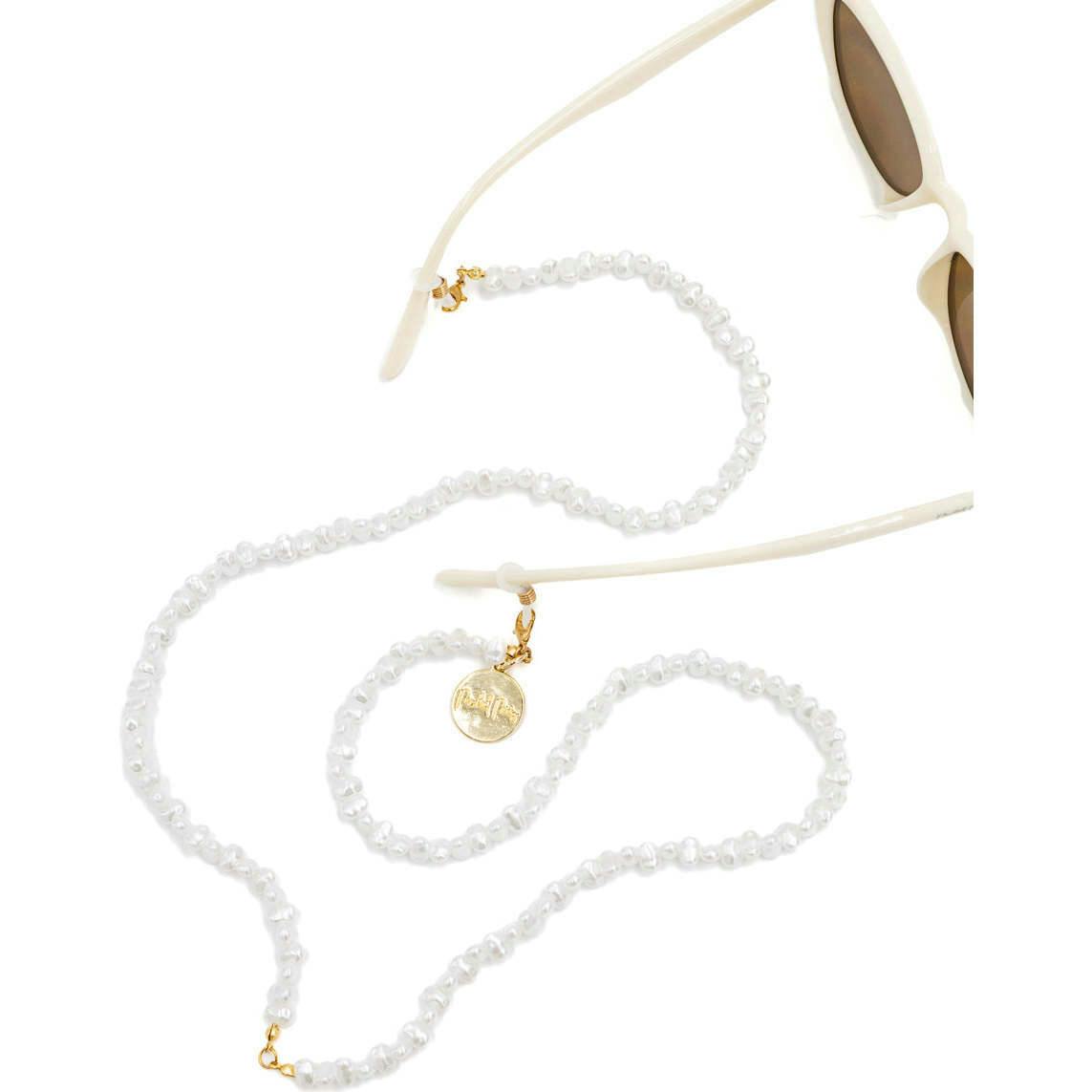 Packed Party Sunny Daze Cat Eye Sunglasses and Pearl Shell Chain Set – White Cat Eye with Freshwater Pearl Chain, 1.75x5.75 Inch Sunglasses with 31.5 Inch Chain