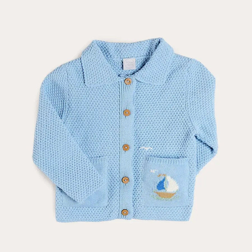 Nautical Boat Embroidery Polo Collar Cardigan in Sky Blue (12mths-6yrs)