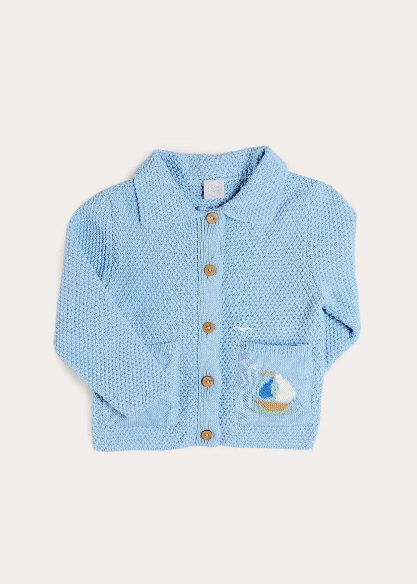 Nautical Boat Embroidery Polo Collar Cardigan in Sky Blue (12mths-6yrs)