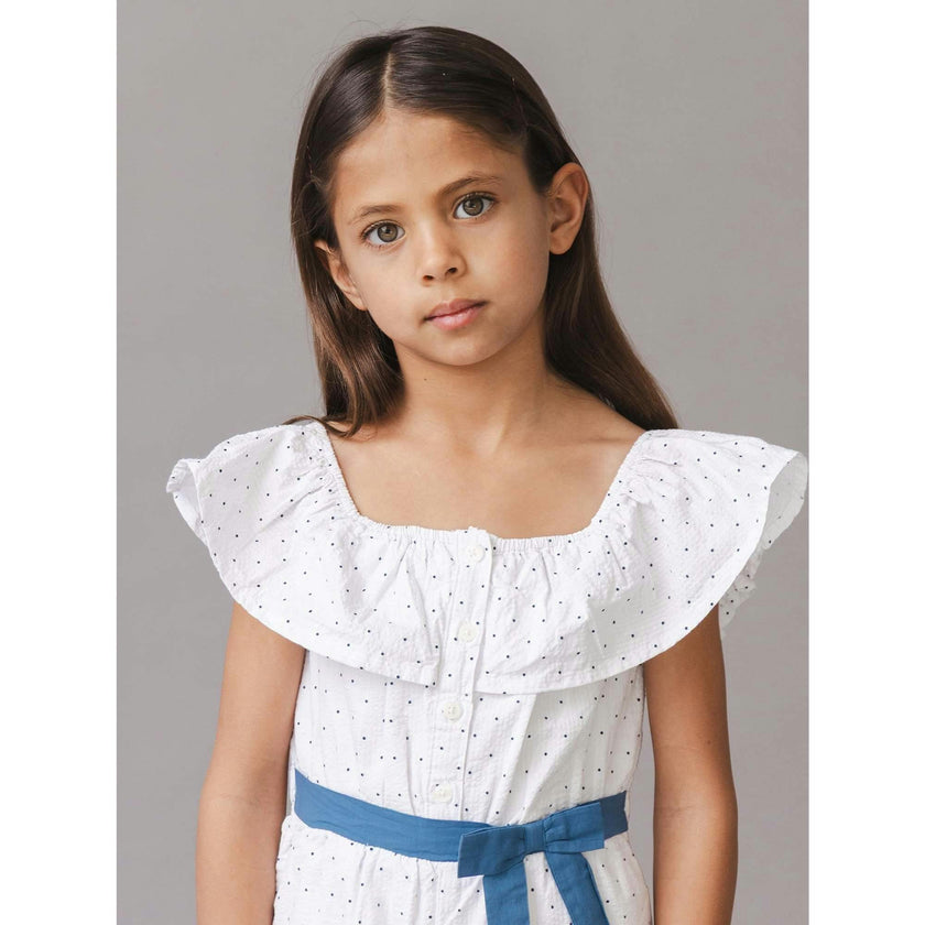 Organic Ruffle Collar Button Front Seersucker Romper, White