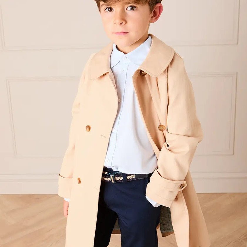 Double Breasted George Check Lined Rain Coat With Detachable Hood in Beige (2-10yrs)