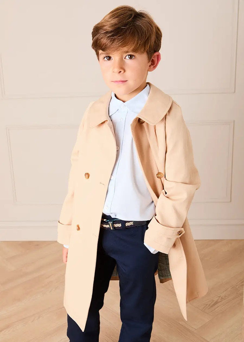 Double Breasted George Check Lined Rain Coat With Detachable Hood in Beige (2-10yrs)