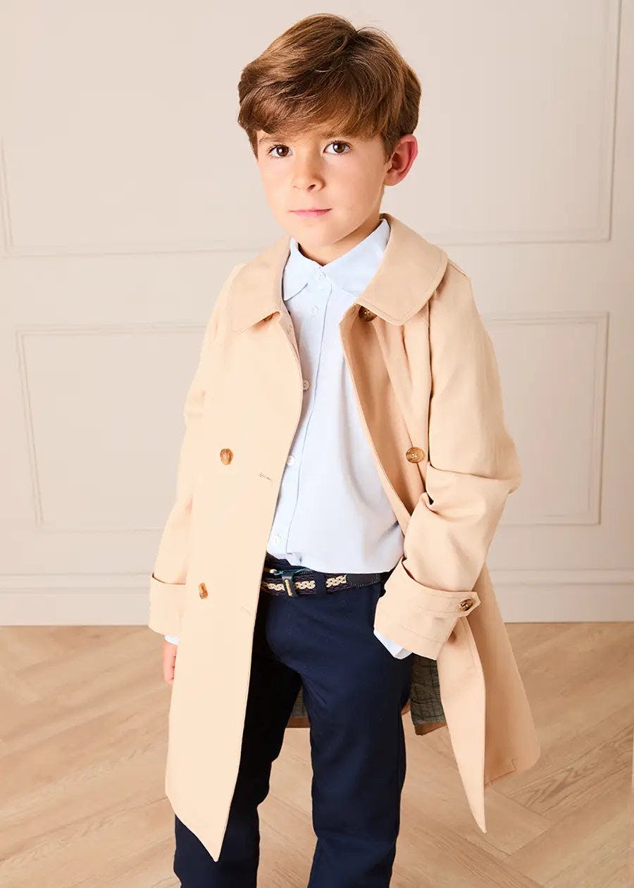 Double Breasted George Check Lined Rain Coat With Detachable Hood in Beige (2-10yrs)