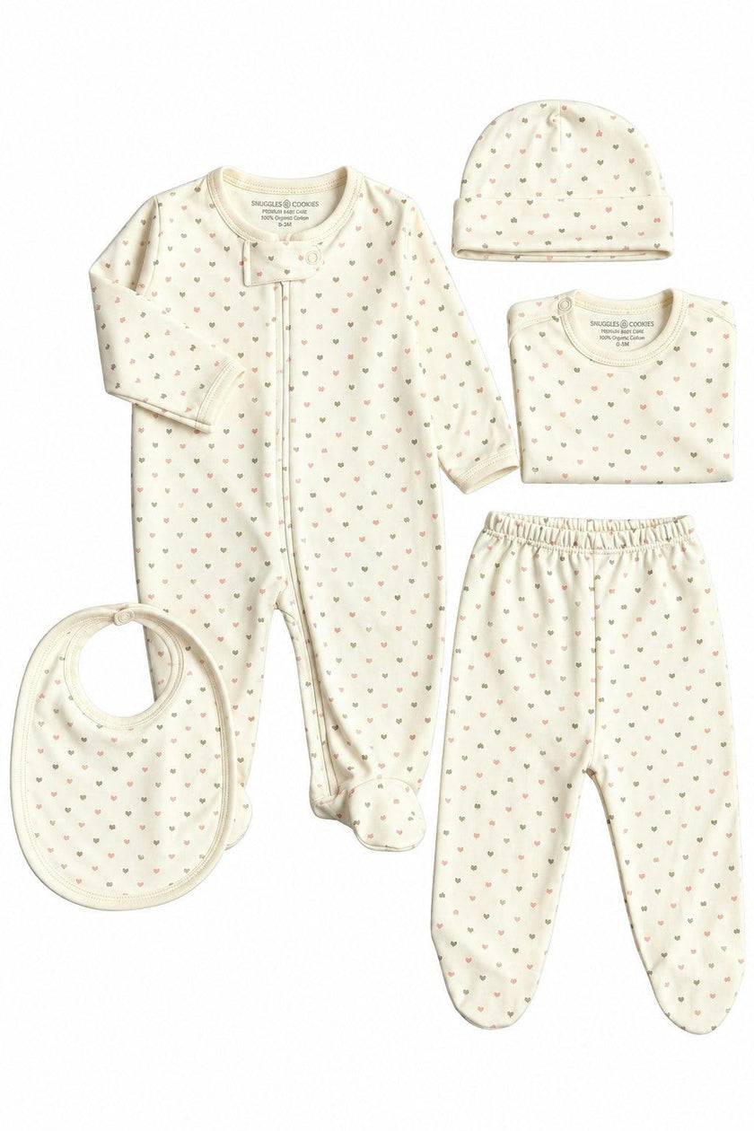 Hearts Print 6-Piece Newborn Layette Gift Set | 100% Pima Cotton