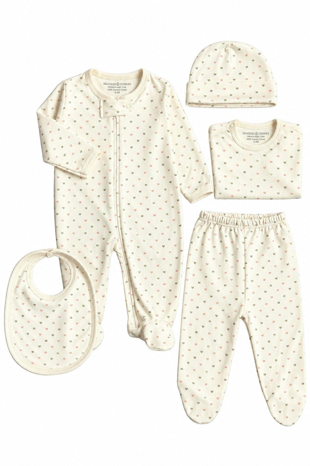 Hearts Print 6-Piece Newborn Layette Gift Set | 100% Pima Cotton
