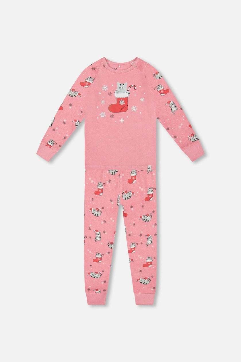 Organic Cotton Two-Piece Pajamas Pink Cat Print