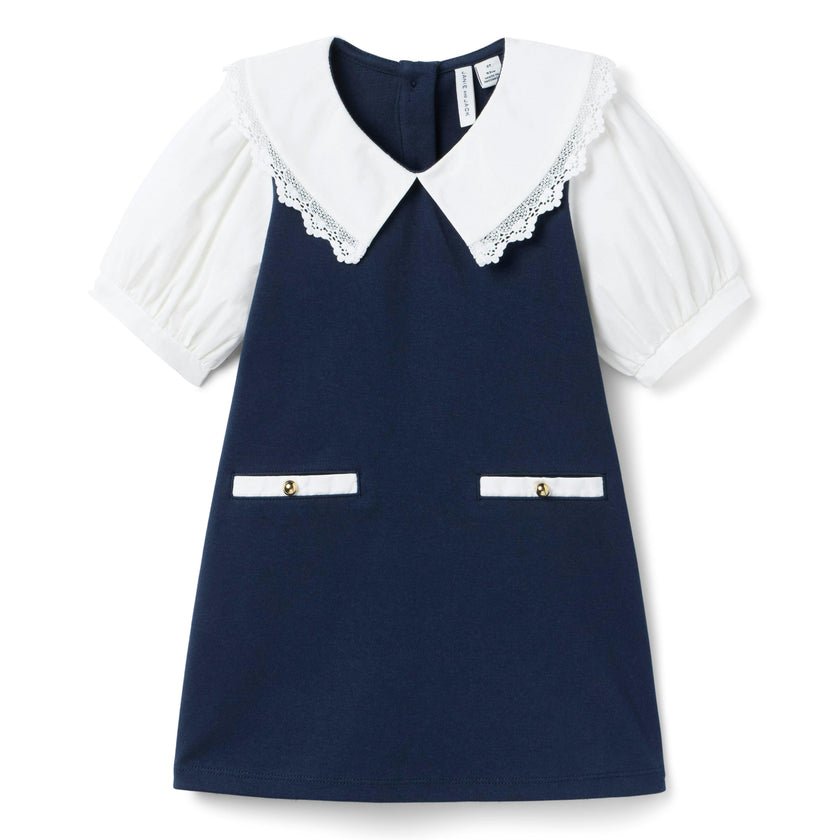 Lace Trim Collar Ponte Dress, navy blue