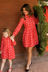 Bowie Long Sleeve Dress in Poinsettia Candy Canes
