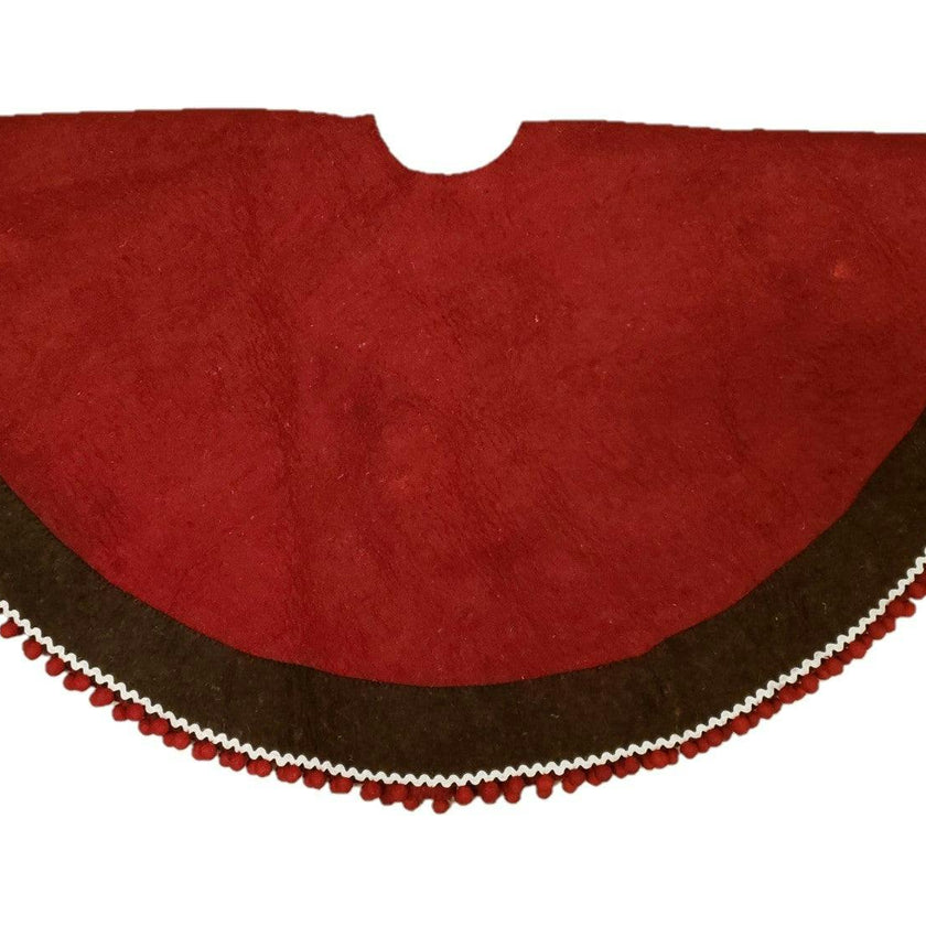 Handmade Wool Felt Red Christmas Tree Skirt with Brown Border and Pom Pom Edge Arcadia Home 60”