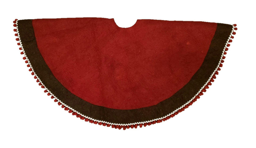 Handmade Wool Felt Red Christmas Tree Skirt with Brown Border and Pom Pom Edge  60"
