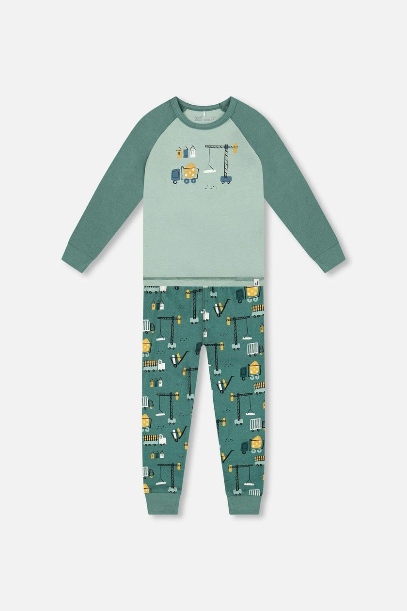 Two-Piece Organic Cotton Pajama Set Teal Construction Print