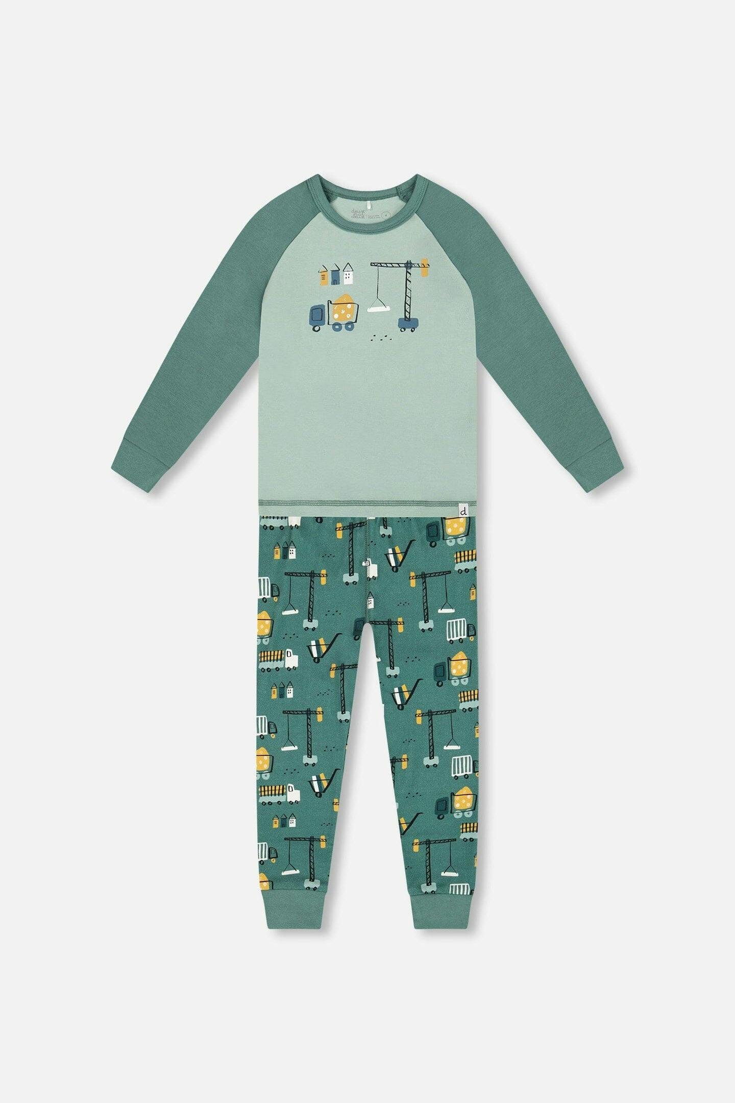 Two-Piece Organic Cotton Pajama Set Teal Construction Print